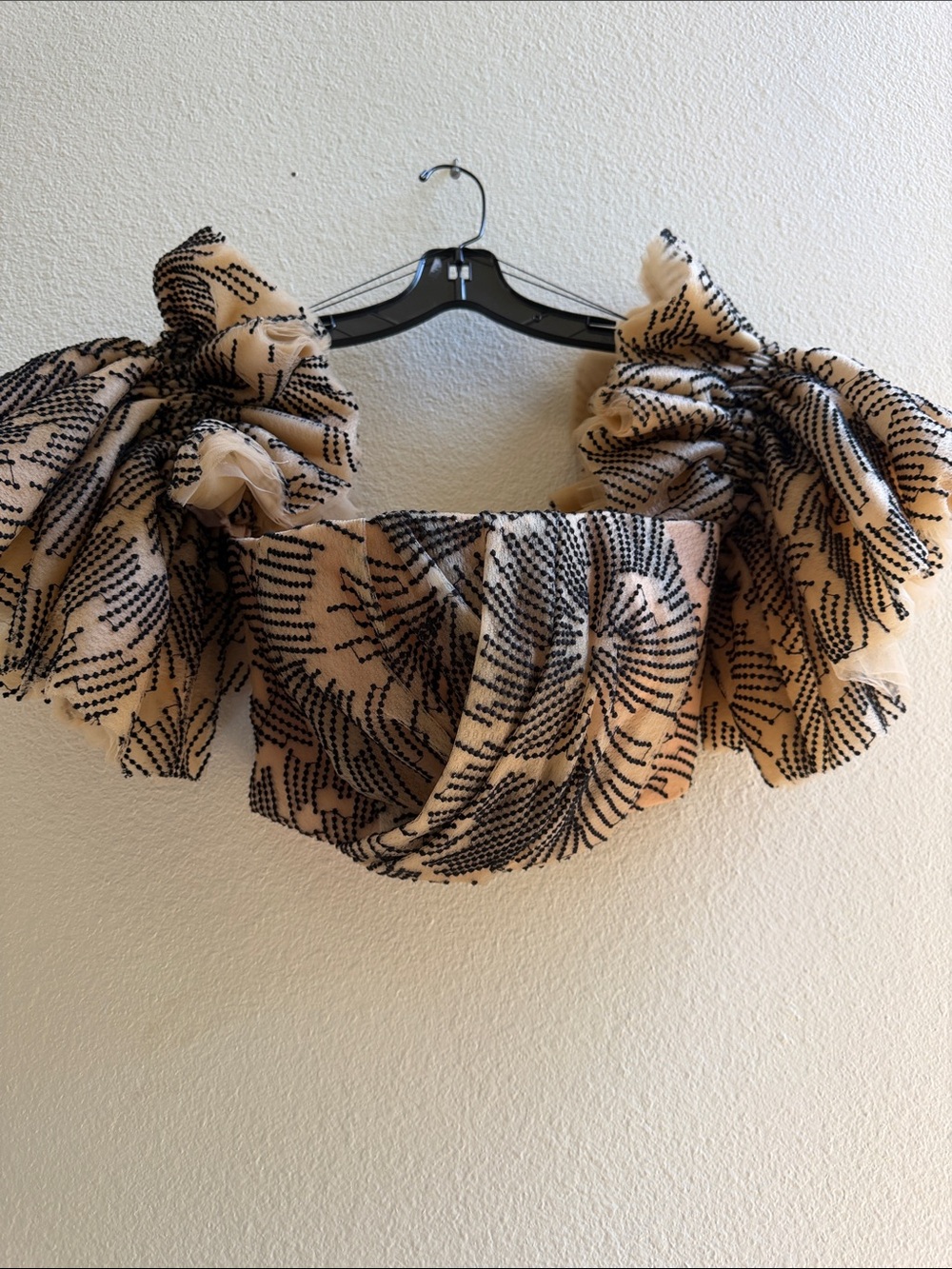 Acler Ruffled Tulle Off-Shoulder Crop Top in Nude with swirl design